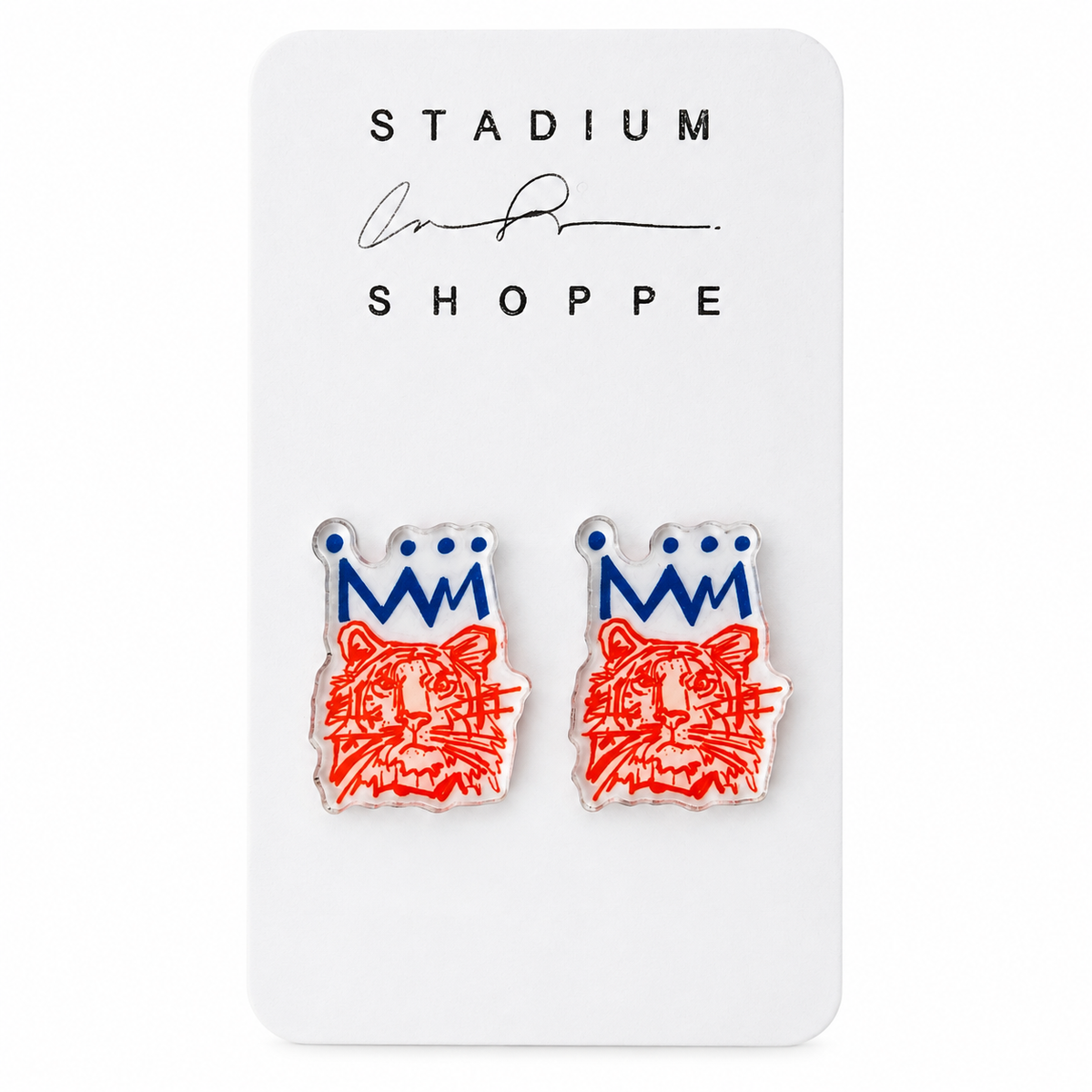 Navy and orange crowned tiger acrylic stud earrings on a white Stadium Shoppe card