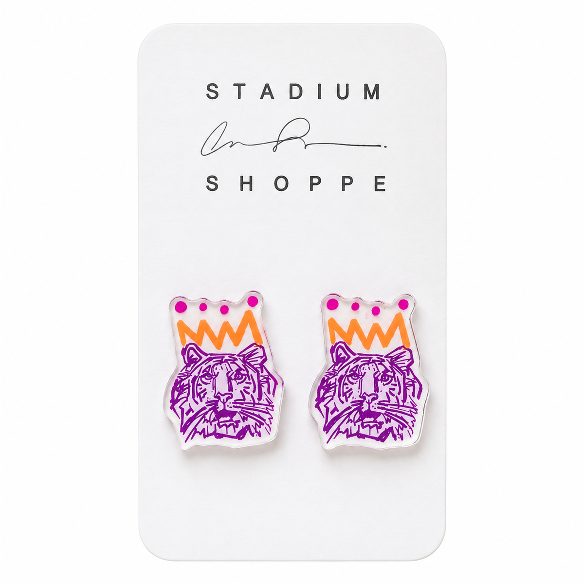 Orange and purple crowned tiger acrylic stud earrings on a white Stadium Shoppe card